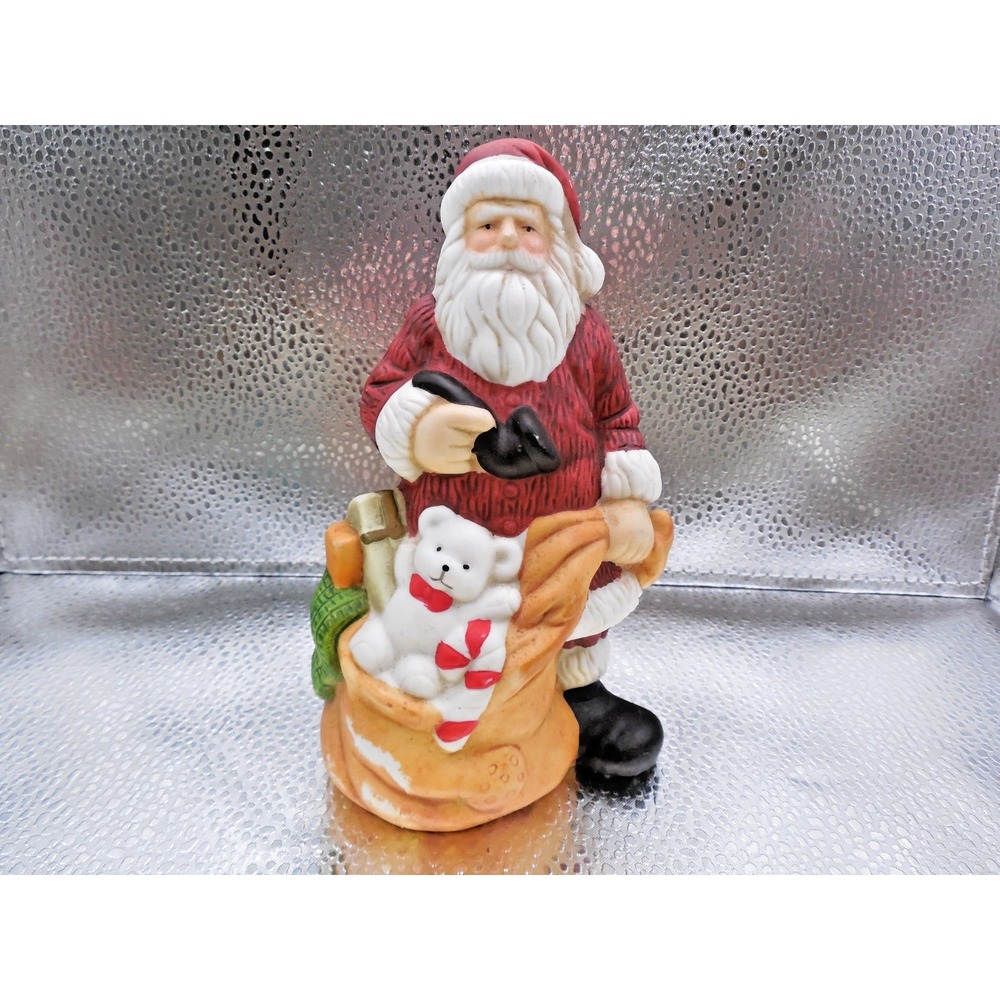 Brinnco Red Santa Ceramic Figurine Detailed with Toys, Sack, Candy Cane Pipe 6"T